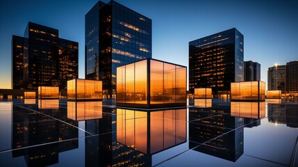 Modern Urban Skyline Reflections at Dusk, Glass Buildings with Warm Sunset Hues
