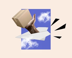 sketch collage of white paper plane with box