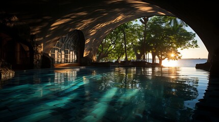 Serene Poolside Retreat Under Majestic Arch, Basking in Golden Sunset Glow Amidst Tropical Greenery