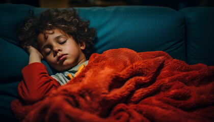 Retrato en primer plano de un niño durmiendo en un sofá. - obrazy, fototapety, plakaty