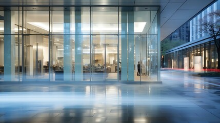 Modern Corporate Office Building Entrance with Reflective Glass and Polished Floors at Dusk
