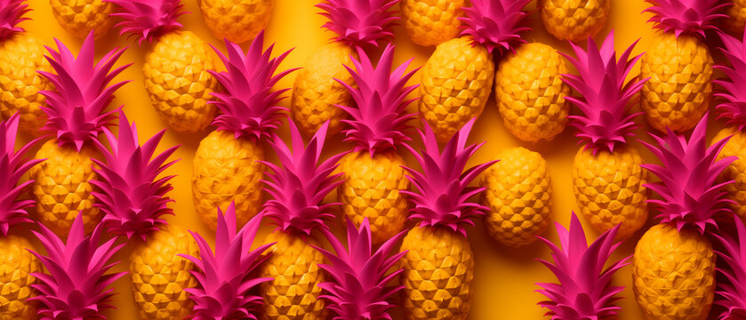 Colorful pattern of pineapples on yellow background. Top view. Minimal tropical fruit summer concept.