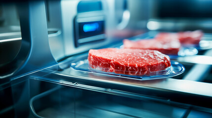 A steak of raw cultivated meat in a modern laboratory. 