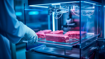 A steak of raw cultivated meat in a modern laboratory. 