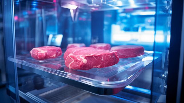 A steak of raw cultivated meat in a modern laboratory. 