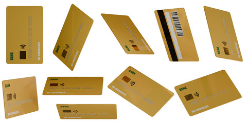 Set of yellow bank credit cards. Finance and business. 3D rendering without background. 10 different angles.