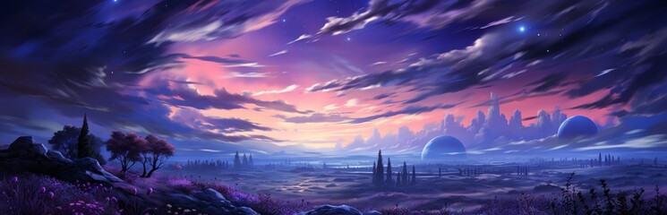 Fantasy lavender field under a dark sky with bright stars. Vegetation under the light of the moon, colorful illustrative landscape. Banner with copy space