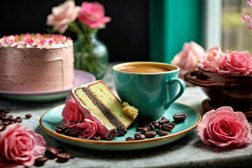 A Delicious Cake and Coffee on a Beautifully Decorated Table