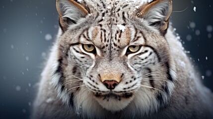 Obraz premium Close-up of the head of an aggressive lynx ready to attack. Wild animal in winter forest in monochrome style. Illustration for cover, card, postcard, interior design, poster, brochure or presentation.