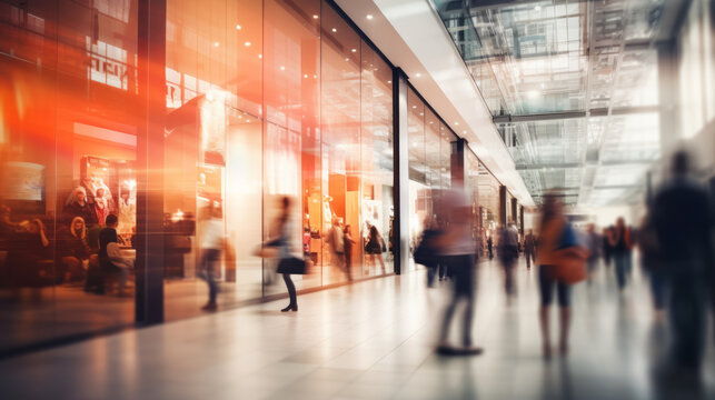 Blurred background of a modern shopping mall with some shoppers.