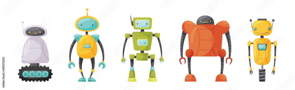 Poster different robot with arm and metal parts vector set