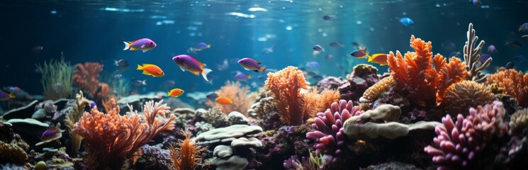 Naklejka na ściany i meble Underwater world of tropical coral reef, colorful tropical scenic ecosystem, Concept: illustrations in marine biology and conservation. Banner with copy space