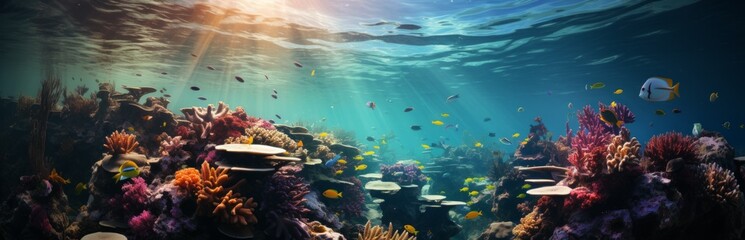 Obraz na płótnie Canvas Underwater world of tropical coral reef, colorful tropical scenic ecosystem, Concept: illustrations in marine biology and conservation. Banner with copy space