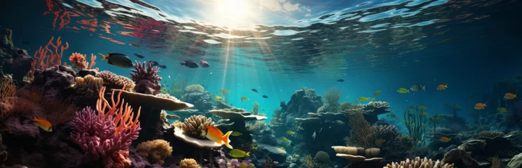 Fotobehang Underwater world of tropical coral reef, colorful tropical scenic ecosystem, Concept: illustrations in marine biology and conservation. Banner with copy space © Marynkka_muis_ua