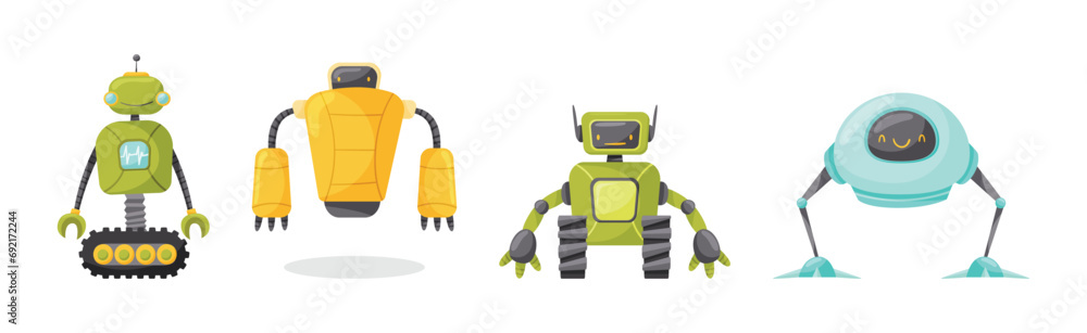 Poster different robot with arm and metal parts vector set
