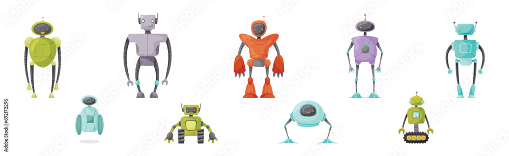 Poster different robot with arm and metal parts vector set