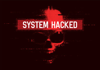 Hacked system or cyber attack. Glitched sign skull, danger internet virus, technical problem or system error. Vector illustration.
