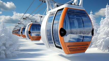 A Fleet of Modern Cable Cars Glide Over Snow Laden Forests under a Clear Blue Sky - obrazy, fototapety, plakaty