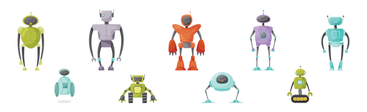 Different Robot with Arm and Metal Parts Vector Set