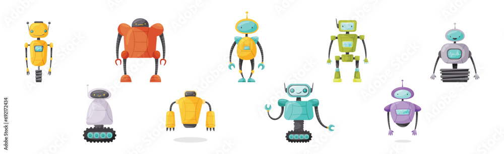 Poster different robot with arm and metal parts vector set