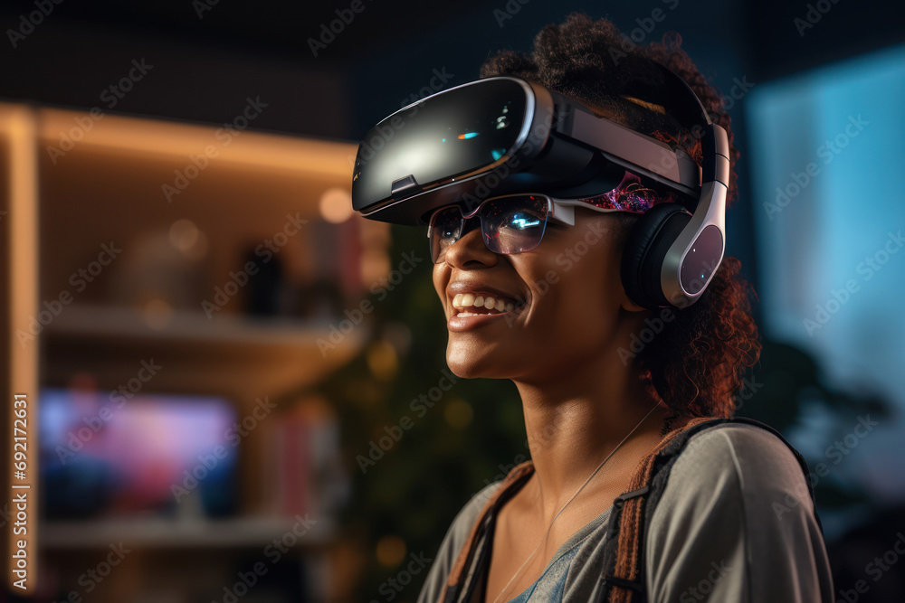 Poster a person participating in a virtual community event from the comfort of their home. concept of stayi