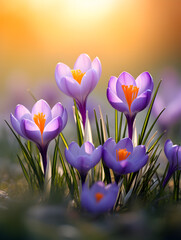 Close up of a purple crocus flowers growing on ground in spring, blurry background with sunlight