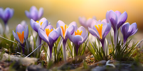 Close up of a purple crocus flowers growing on ground in spring, blurry background with sunlight