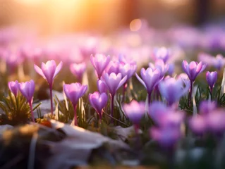 Fotobehang Close up of a purple crocus flowers growing on ground in spring, blurry background with sunlight © TatjanaMeininger