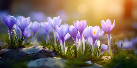 Close up of purple crocus flowers growing on ground in spring, blurry background with sunlight