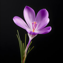 Close up of a purple crocus flower isolated on Black background 