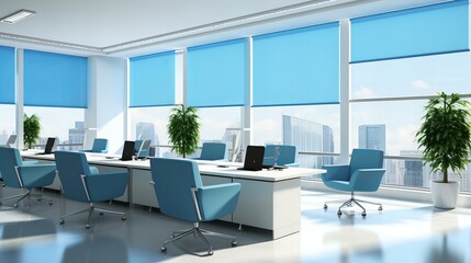 Fototapeta na wymiar Modern Corporate Office Space with Blue Chairs and Panoramic City View from Large Windows