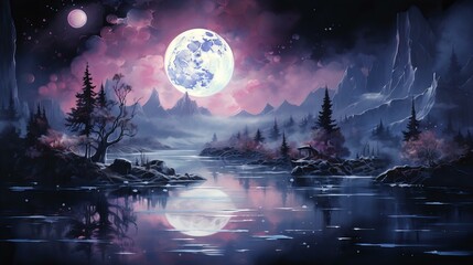 Enchanted Moonlit Night with Luminous Full Moon Over Mystical Mountainous Lakescape