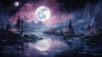 Fotobehang Enchanted Moonlit Night with Luminous Full Moon Over Mystical Mountainous Lakescape © SK