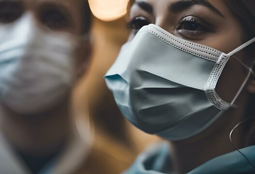 A Man And Woman Wearing Masks In A Hospital Corridor, Facing Away