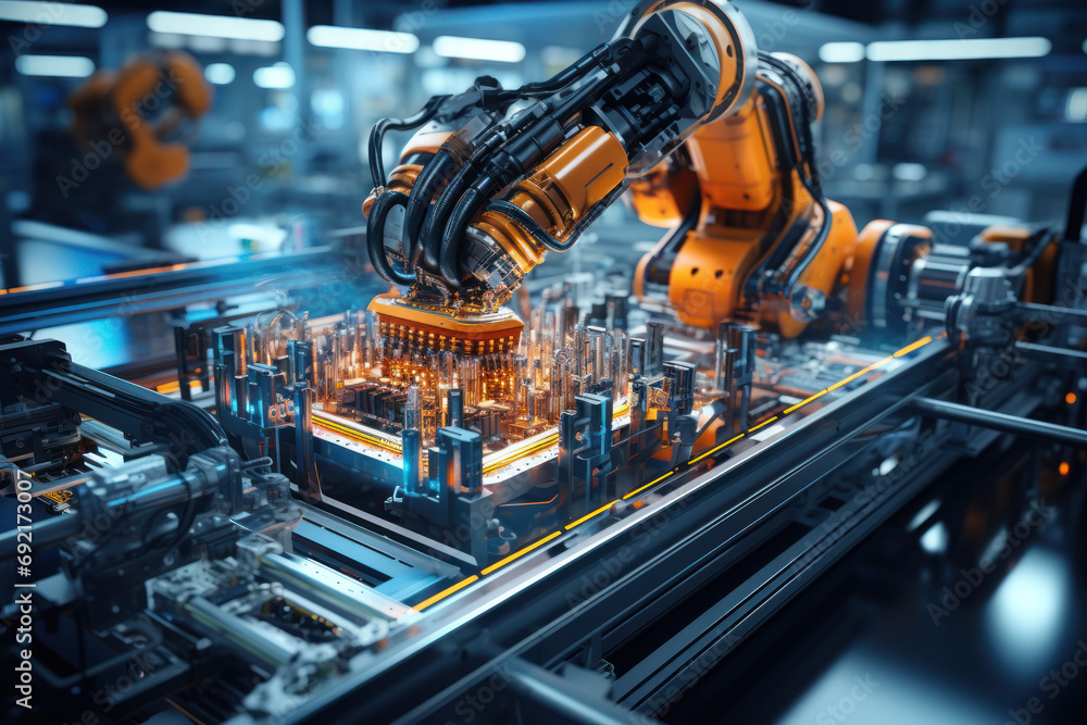 Poster the manufacturing phase, with machines and assembly lines producing the product at scale. concept of