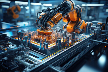 The manufacturing phase, with machines and assembly lines producing the product at scale. Concept of mass production and efficiency. Generative Ai.
