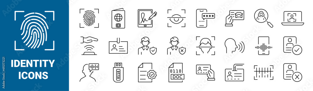 Poster set of 24 line web icons. identification and verification . contains such icons as id passport, fing