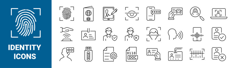 Set of 24 line web icons. identification and Verification . Contains such Icons as ID Passport, Fingerprint, Driving License, Legal documents and more