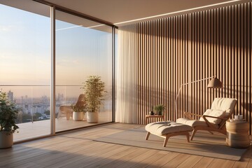 Serene Modern Living Space with Panoramic City View and Natural Wood Accents