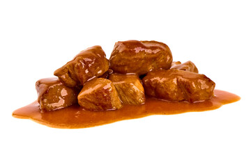Stewed pork goulash, isolated on white background.