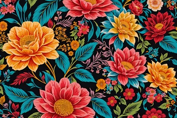 Fototapete Colorful Flower Pattern on a Black Background © Usman