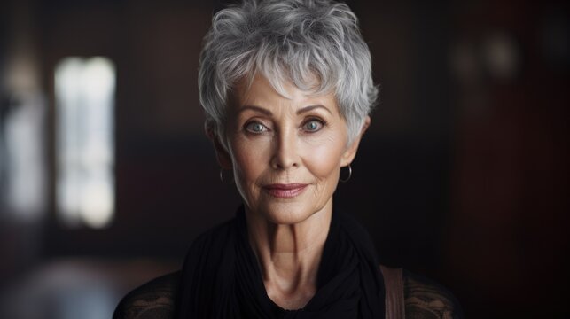 an older woman with short gray hair, Captured with the Canon EOS 5D Mark IV DSLR in High-Resolution 8K --ar 16:9 --v 5.2 Job ID: c387fc51-bc4e-43cd-964a-0c110b041357