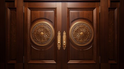 A front view of a rich mahogany wood door, its grain highlighted in warm sunlight, with a polished brass handle and intricate carvings adding an elegant touch.