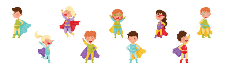 Cute Boy and Girl in Superhero Costume with Cloak Vector Set