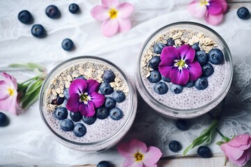 Obraz na płótnie Canvas Chia pudding with blueberry and granola in glass on white background