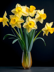 Close up of yellow daffodil flowers with dark background 