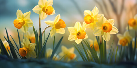 Close up of yellow daffodil flowers with blurry background 