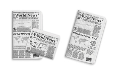 Naklejka na ściany i meble Newspaper. Realistic vector illustration of the page headline and cover of old newspaper layout. Set Newspaper vertical and horizontal spread template.
