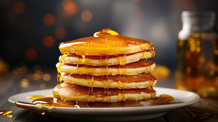 Close-up of delicious pancakes with maple syrup on a light background. Food photography. Pancake day - obrazy, fototapety, plakaty