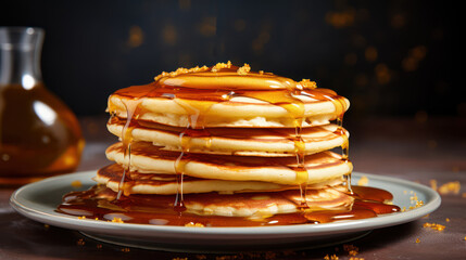 Close-up of delicious pancakes with maple syrup on a light background. Food photography. Pancake day